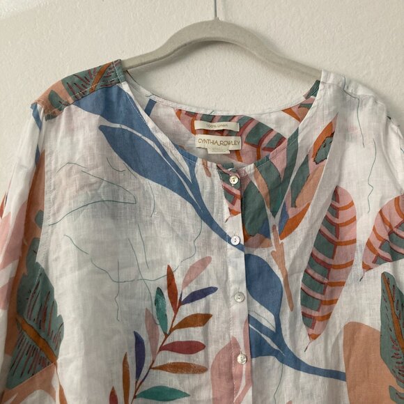 Cynthia Rowley 100% Linen Button Front Top Long Sleeve Size 2X Tropic Lagenlook - Picture 2 of 9